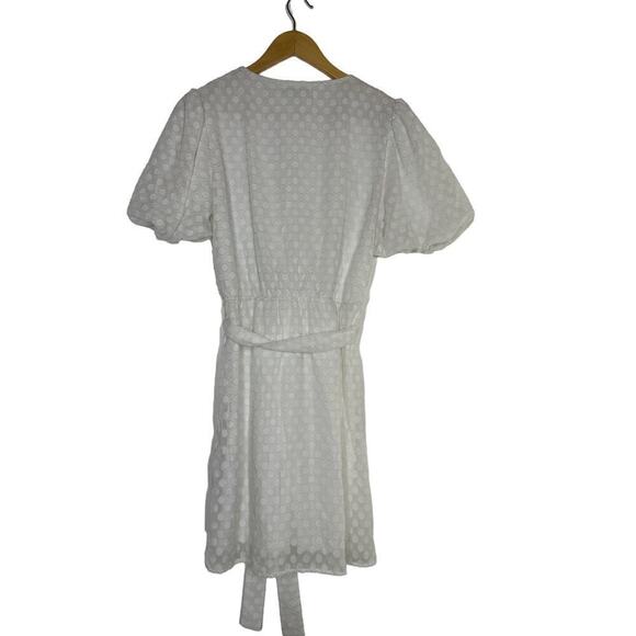 Fraiche by J Dress Swiss Dot Puff Short Sleeve Faux Wrap Mini White Small - Picture 6 of 10